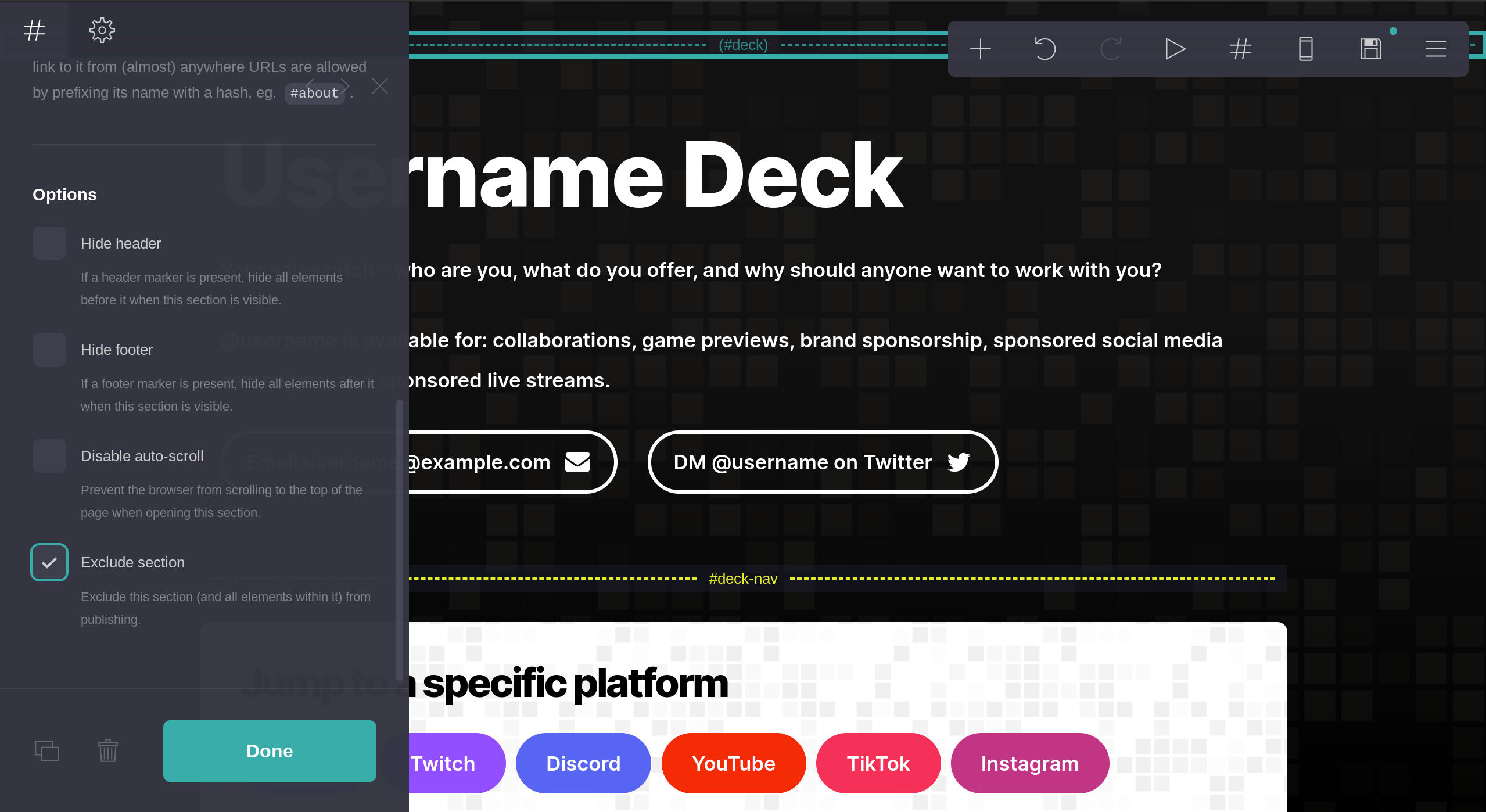 Settings panel for section break. "Exclude Section" is selected under "Options".